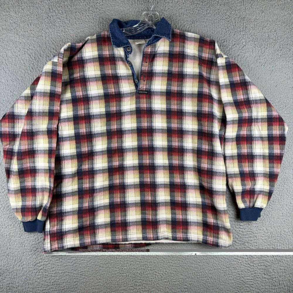 Structure Rugby Polo Plaid Shirt Men's XL Red Flannel Pullover Denim Vintage